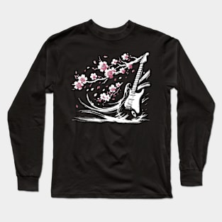 Kawaii Retro Guitar Japanese Sakura Rock Concert Guitar Long Sleeve T-Shirt